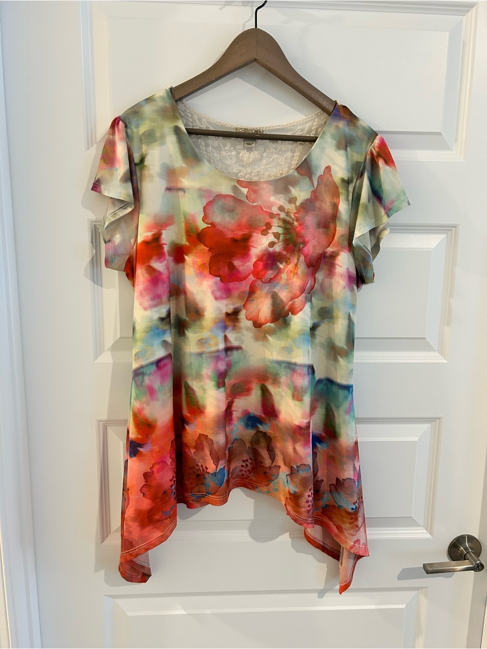 One World Flowy Embroidered Panel Top Green Pink Multi Size XL